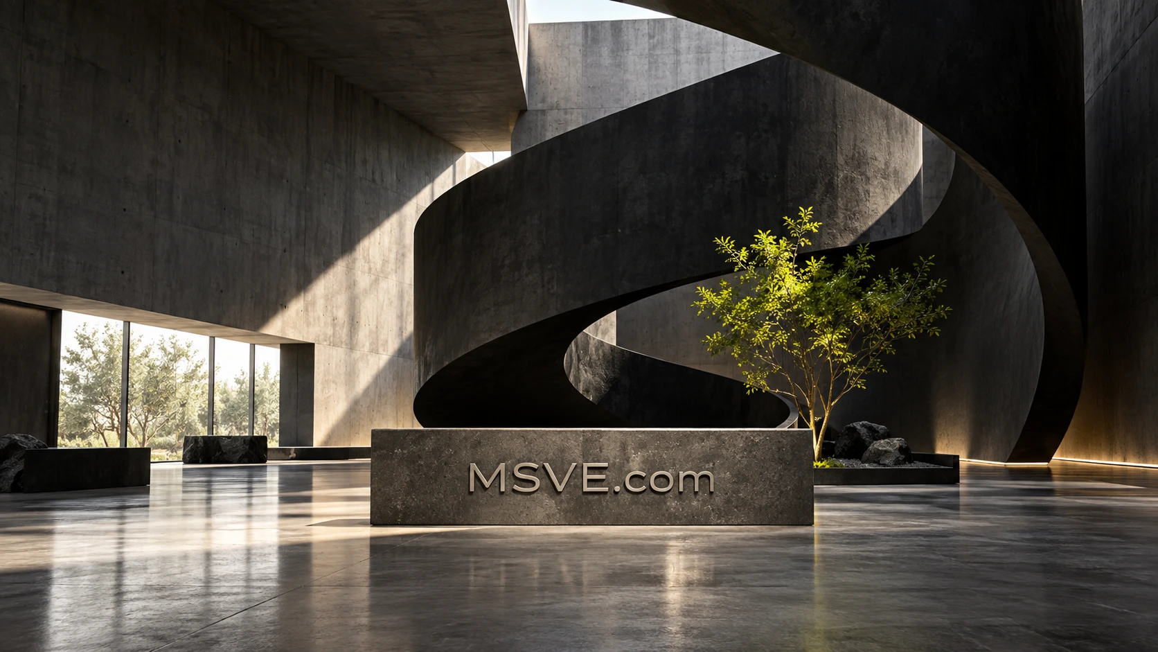 Monumental concrete architecture with lime light and MSVE.com carved into the lower central wall