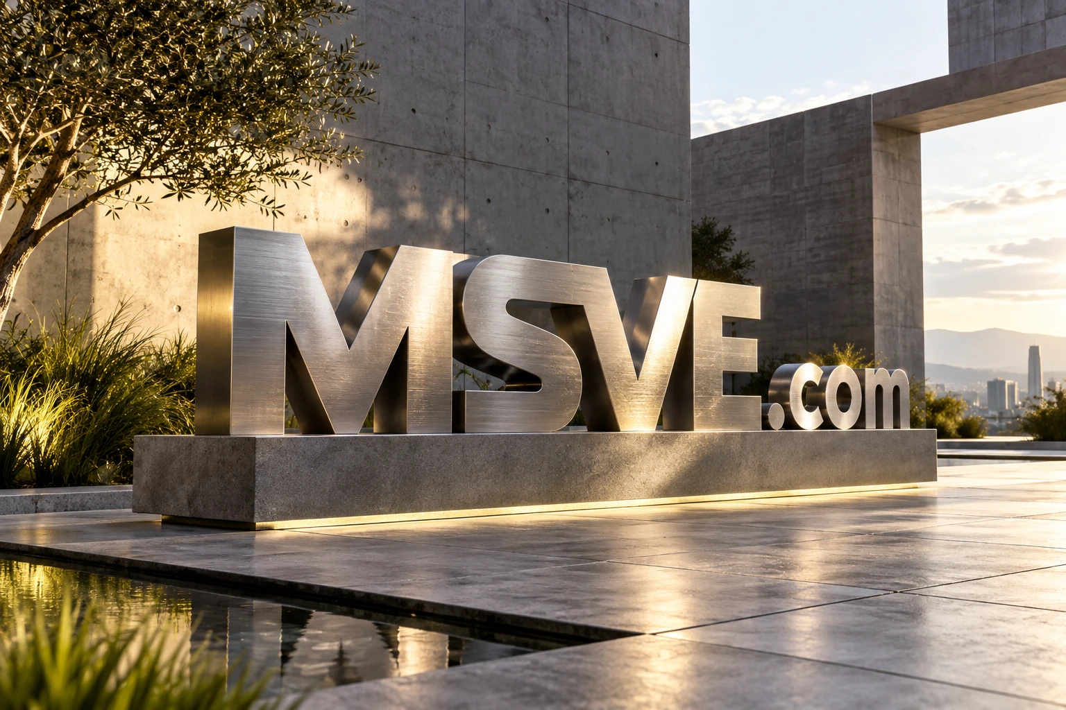 Concrete architecture with MSVE.com lettering and lime light